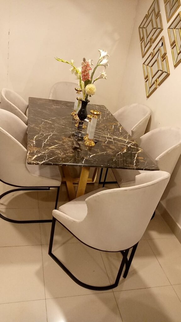 SOPHISTICATED MARBLE & VELVET DINING SET