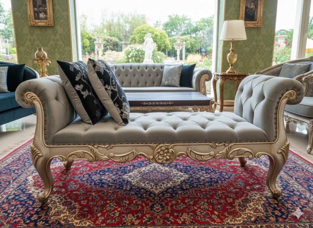 THE VERSAILLES HAND CARVED CHAISE LONGUE CHAMPAGNE GOLD & SILVER VALVET