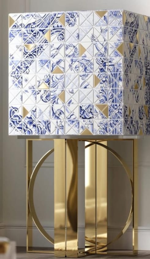 LUXURY BLUE & WHITE PATTERN CONSOLE CABINET WITH GOLD STAINLESS STEEL BASE