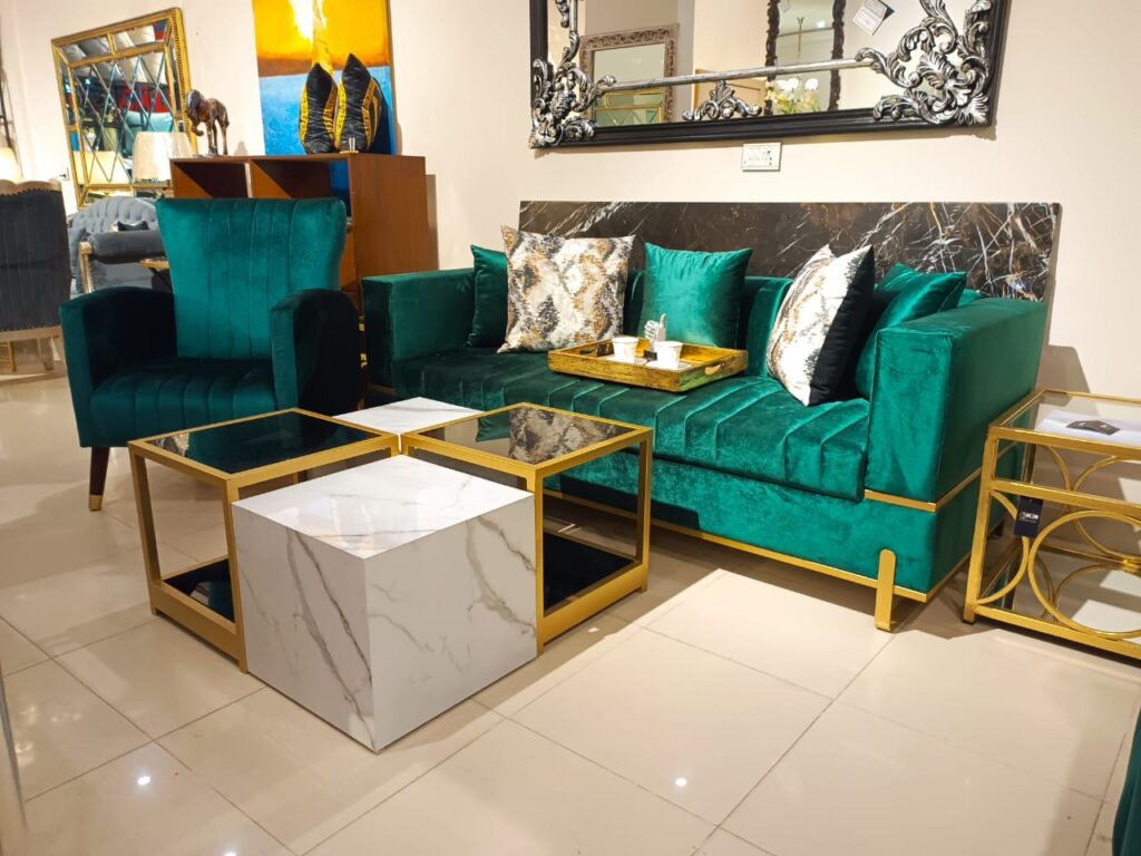 MODERN EMERALD GREEN & GOLD SOFA SET